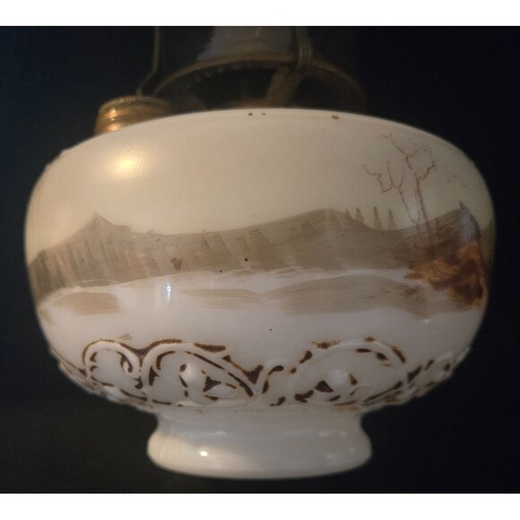 Antique Hand-Painted Milk Glass Oil Lamp With Scenic Winter Landscape Design Bra - Picture 4 of 10